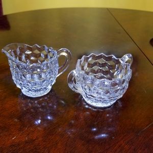 VINTAGE 50 MID CENTURY FISTORIA AMERICAN CUBED GLASS SUGAR BOWL & CREAMER SET